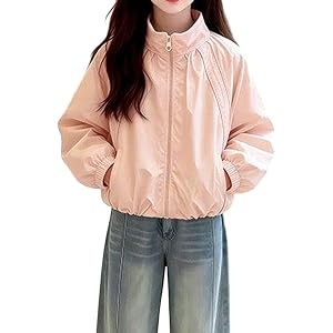 Girls Lightweight Jacket Kids Stand Collar Fall Jackets with Pockets Casual Athletic Solid Windbreak Zip up Breathable