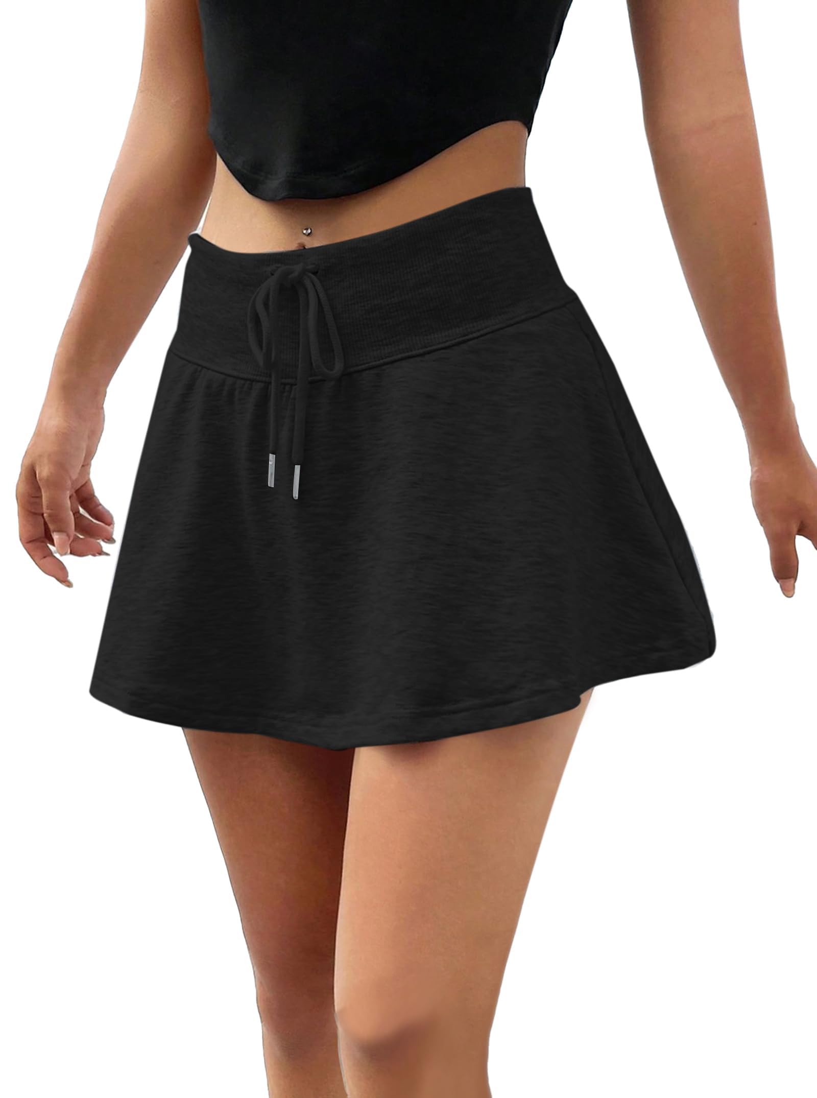 Photo 1 of SOFIA'S CHOICE Drawstring High Waisted A Line Flared Mini Skater Skirts for Women Black X-Large