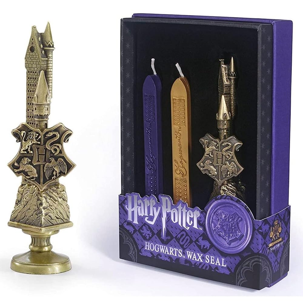 The Noble Collection Harry Potter Hogwarts Wax Seal - 6.5in (16.5cm) Die Cast Metal Stamp and Coloured Purple and Gold Wax Set - Officially Licensed Film Set Movie Props Gifts Stationery