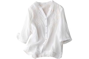 TANGNADE Women's Linen Embroidery Blouse V Neck 3/4 Sleeve Shirts Tops Shirts for Women Business Casual Trendy Clothes