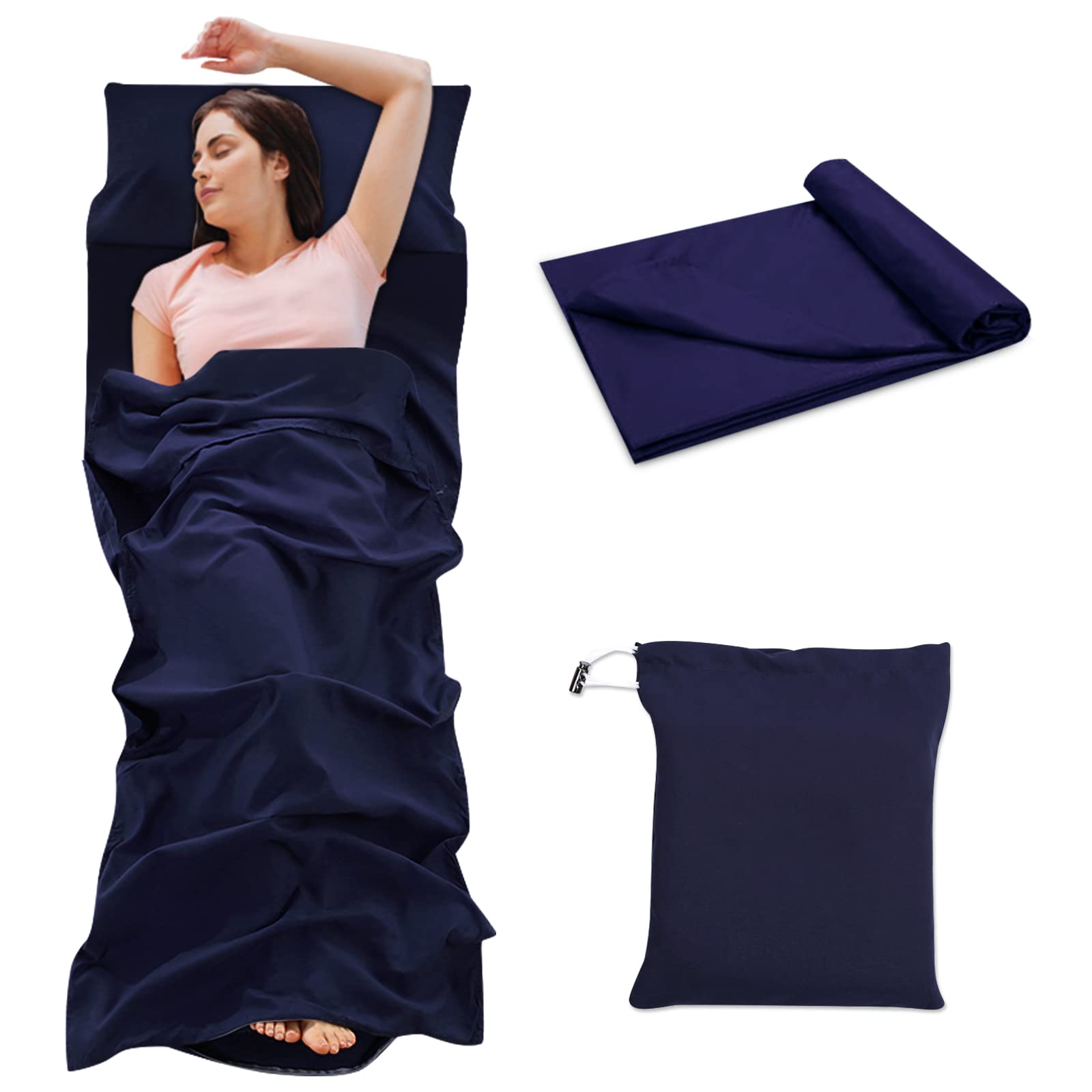 NiCoLa Sleeping Bag Liner, Lightweight Sleep Bag Liner 210 x 115 cm, Lightweight Travel Sheet with Zipper & Pillow Slot for Camping, Hotel & Hiking