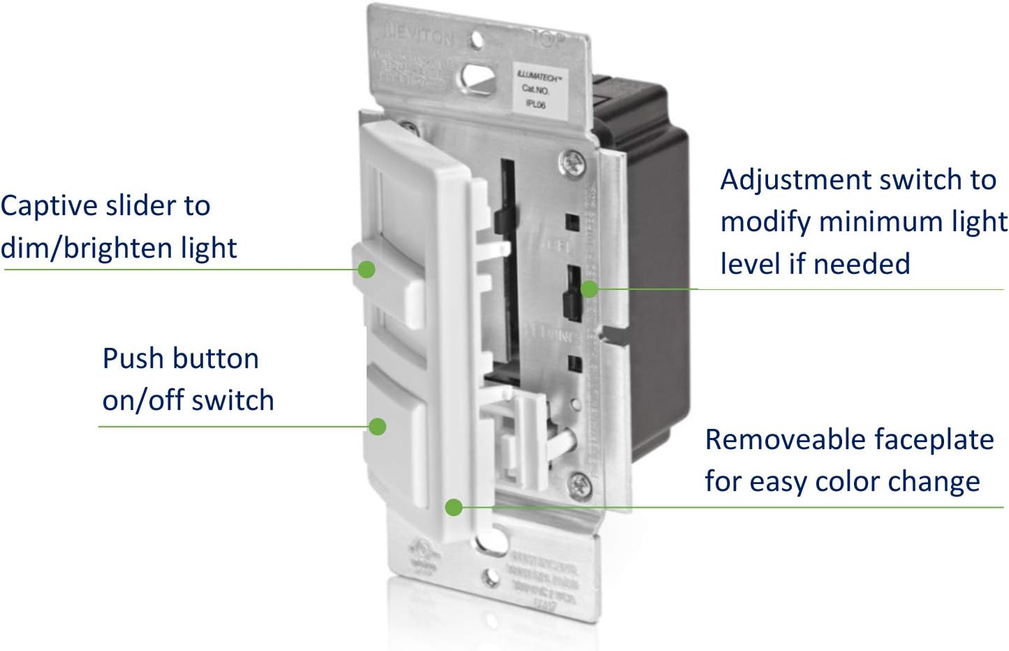 Leviton IPL06-10Z IllumaTech Slide Dimmer for 150-Watt Dimmable LED, 600-Watt Incandescent/Halogen, White w/ Color Change Kits Included - Wall Dimmer Switches - 