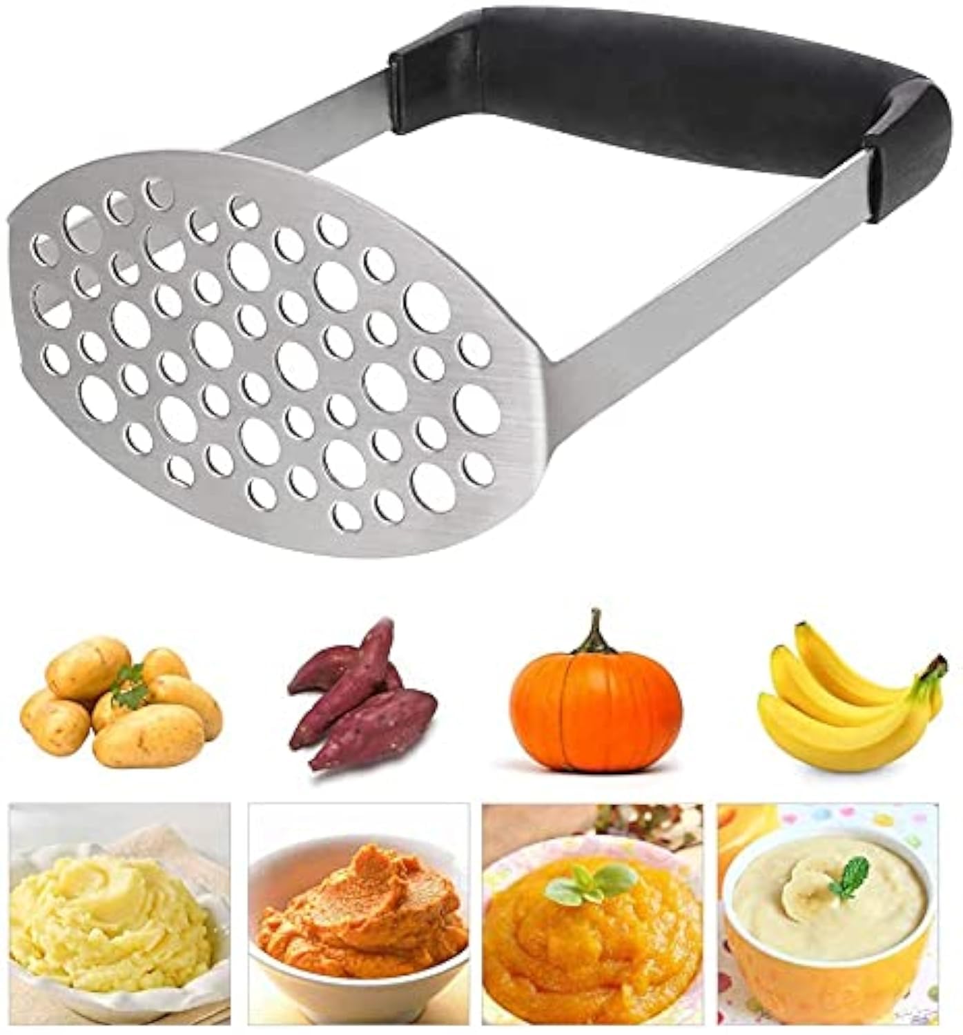 PIQIUQIU Stainless Steel Potato Masher, Vegetable Masher, Potato Masher, Potato Ricer for Dishwasher Safe, Mashed Potatoes, Creamy Mashed Potato (Black 12 × 7 × 17 cm)