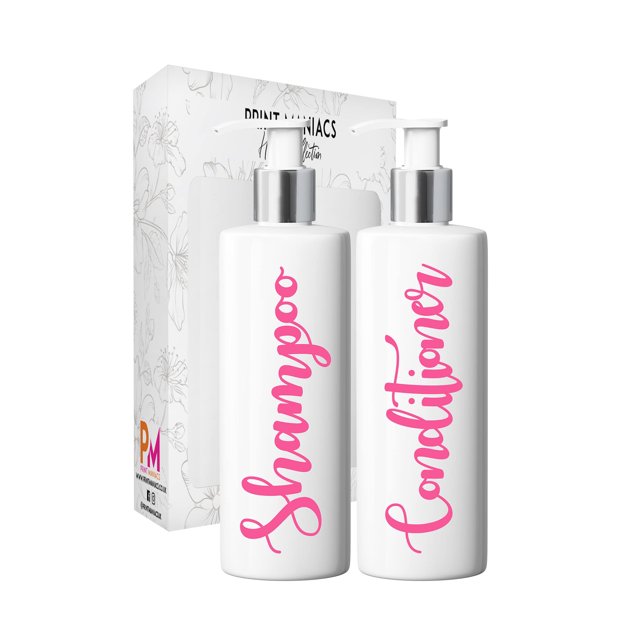 Print Maniacs 2 Set Mrs Hinch Inspired White Personalised Dispenser Pump Bottles 500ml Shampoo Conditioner (BabyPink)