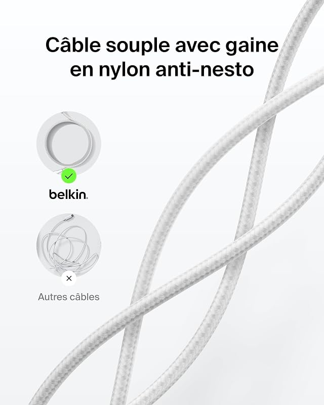 Eco Câble USB-C vers USB-C avec gaine tressée, 2 m, 240 W, doux au toucher, souple, Câble de recharge rapide, pour iPhone 16, Galaxy S25, Pixel 9, MacBook, iPad Pro, etc.- Blanc (USB 2.0)