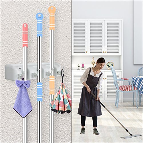 DiGiCare Broom Holder, Wall Mount Mop Holder Broom Hanger Organizer with 3 Ball Slots and 4 Hooks, Holds Up to 7 Tools for Kitchen, Bathroom, Garage - Thumbnail 5