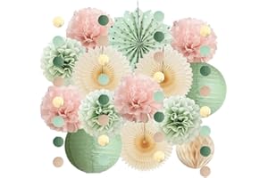 FETETIJD Sage Green and Blush Pink Party Decorations Paper Lanterns Sage Green Cream Paper Fans Light Pink Tissue Paper Pom Poms for Sage Green and Dusty Pink Birthday Baby Shower Bridal Shower Wedding