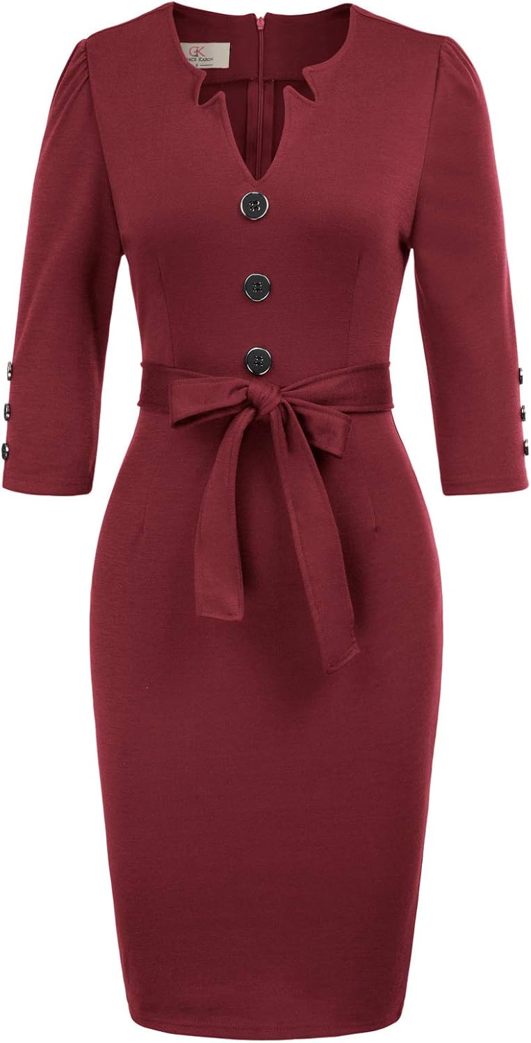 GRACE KARIN Damen Bodycon Kleid 3//4Arm Peincil Kleid V Ausschnitt Rockabilly Kleider CL407