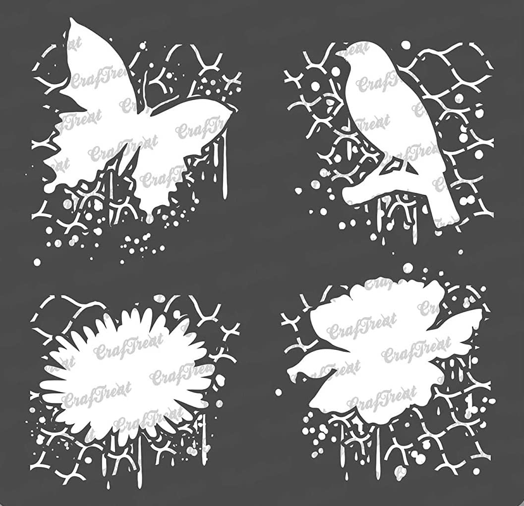 CrafTreat Reusable Butterfly Flower Stencil for Painting on Wood Small - Grunge Flowers and Butterflies - 6X6 Inch - Butterfly Stencils for Crafts - Grunge Stencils for Painting