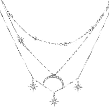 ODN Damen Mehrreihig Kette Halskette Choker mit Stern Mond Anhänger Halsband Ketten (Silber)