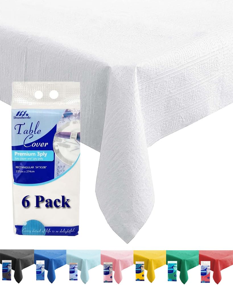 Photo 1 of [6 Pack] White Paper Tablecloth Disposable for Rectangle Tables, 54 X 108 Inch Party Table Cover with Plastic Backing, Waterproof 3 Ply Table Cloth for Wedding Spring Easter Outdoor Picnic BBQ