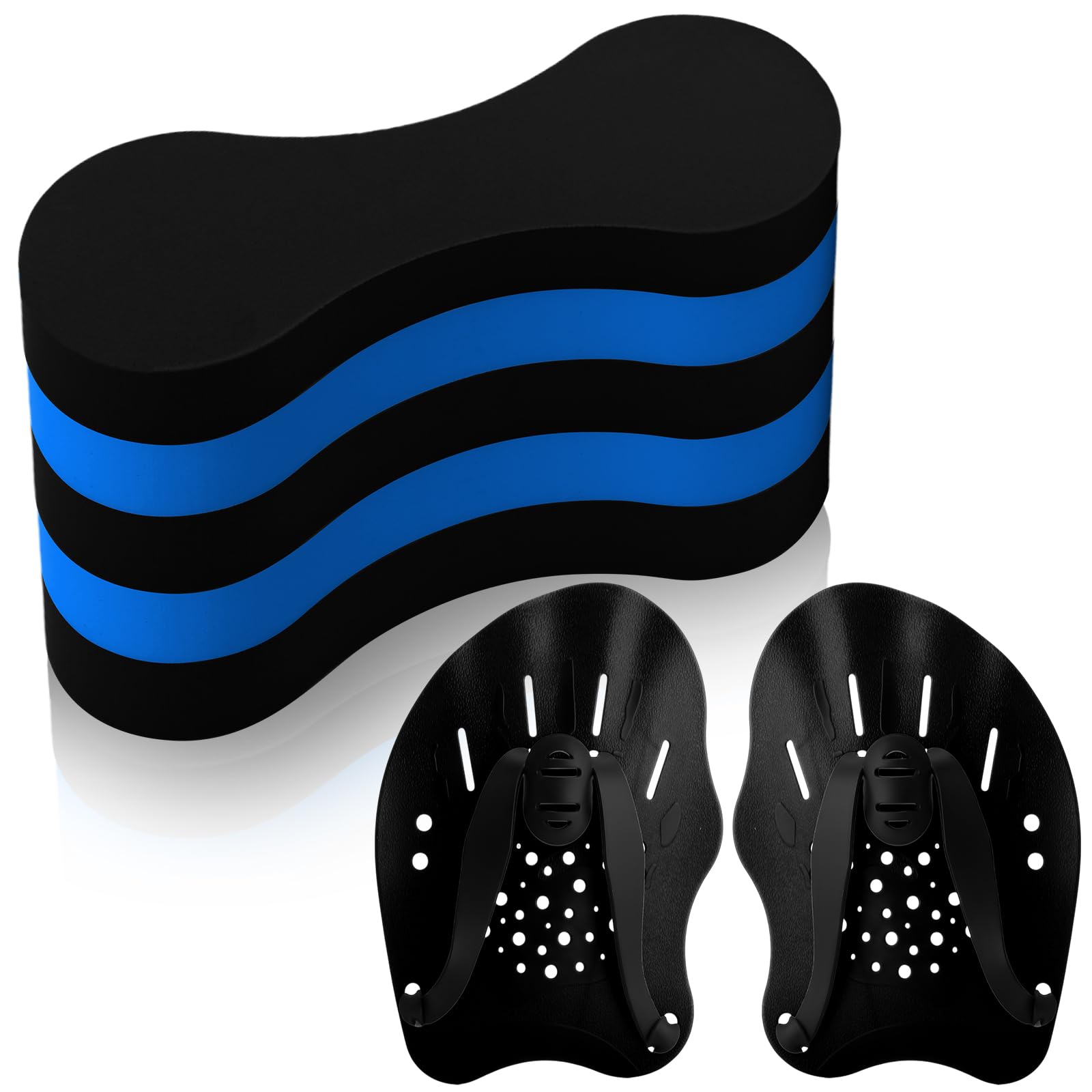 Photo 1 of Motionchic 3 Pcs Swim Training Pull Buoy Hand Paddles Set Include 1 Buoy 2 Hand Paddles with Adjustable Straps Swim Training Equipment Kit for Adults(Black Blue)