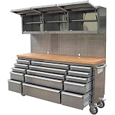 AnorTrek 72 inch 15 Drawers Tool Chest with 3 Up Cabinet &amp; Pegboard in Stainless Steel (Stainless Steel)