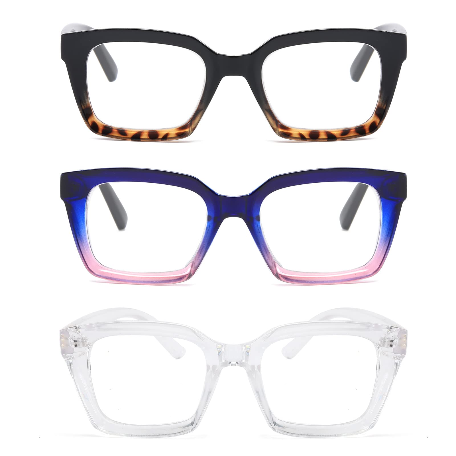 MMOWW 3-Pack Oversized Reading Glasses for Women - Anti Blue Light Glasses with Square Frame (Black Tortoiseshell + Blue Purple + Transparent, 3.5)