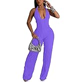 Adogirl Summer Sexy Halter Jumpsuits for Women V Neck Tie Knot Pleated Boho One Piece Wide Leg Long Pants Jumpsuit Romper