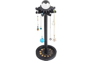 SSISSI Moon Phase Pendulum Holder - Crystal Sphere Stand Wooden Necklace Display Lotus Floral Desgin Organizer Witchcraft Supplies Aesthetic Accessories Altar Decor, Black