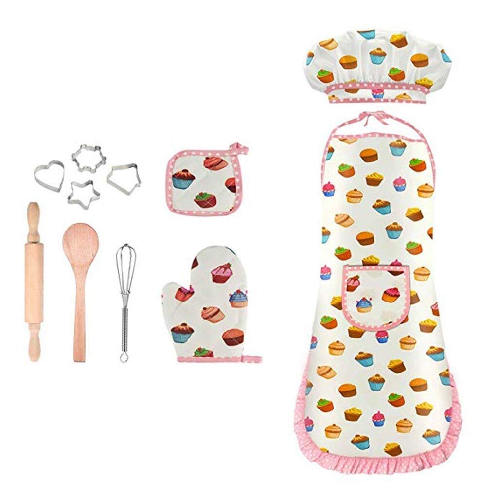 Music_90s Kid Chef Costume Set Apron Hat Hand Mixer Rolling Pin Cookie Cutter Spoon Oven Mitt Cake Baking Set for Cooking Role Play Game Pretend Play (White, 11pcs)