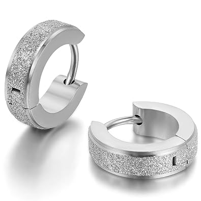 JewelryWe Schmuck Herren Damen Ohrringe, Edelstahl, Sandgestrahlt Creolen Hoop Huggie Ohrstecker, Silber Schwarz Gold