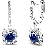 Dangle Hoop Earrings For Women Sterling Silver Huggie Earrings with Princess Cut Blue Square Halo CZ Charm Dangling Drop Cartilage Cuff Earrings Hypoallergenic Jewelry Birthday Wedding Gifts