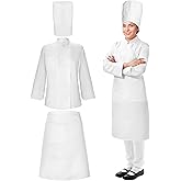 Hillban 3 Pcs Women Chef Coat Unisex Chef Jacket Uniform Tall Hat Costume Coat Shirt Bistro Apron Set