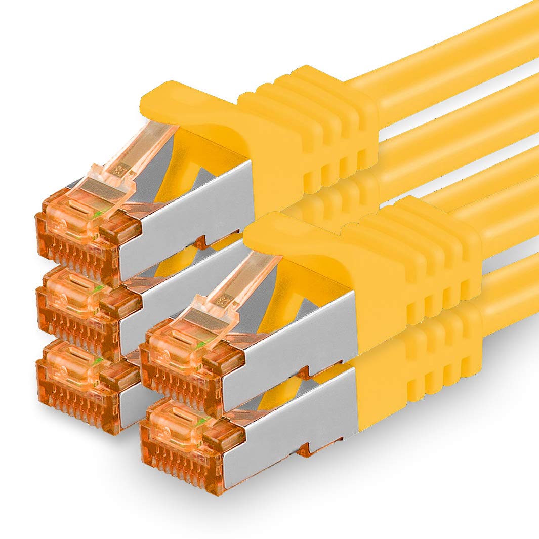 1aTTack.de 0.5 m - Cat.7 Network Cable Yellow - Pack of 5 Gigabit Ethernet LAN Cable 10000 Mbit S Patch Cable Cat7 Cable S FTP PIMF Shielding LSZH Cat.7 Raw Cable RJ45 Connector Cat 6a - 5 x 0.5 m