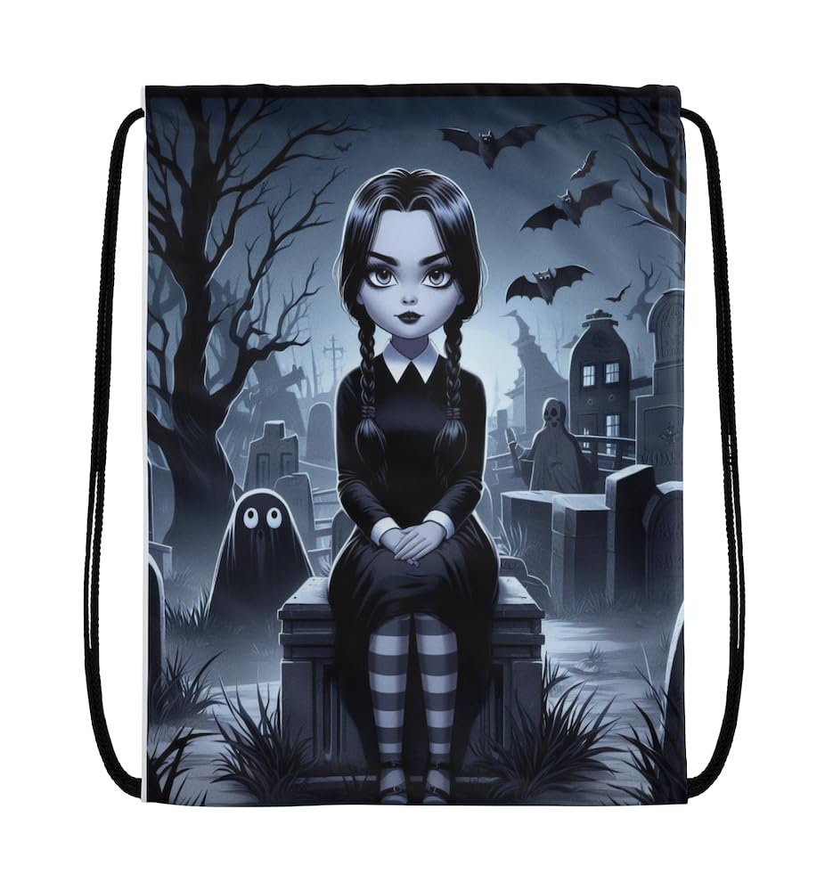 EZB Wednesday Black and White Drawstring Bag | 36x30cm Midi Sized Backpack | Multi-Use: Sports, Pump, Kits, PE Kits, Gym, Lunch, Holiday, Beach | Wednesday Cartoon Bag