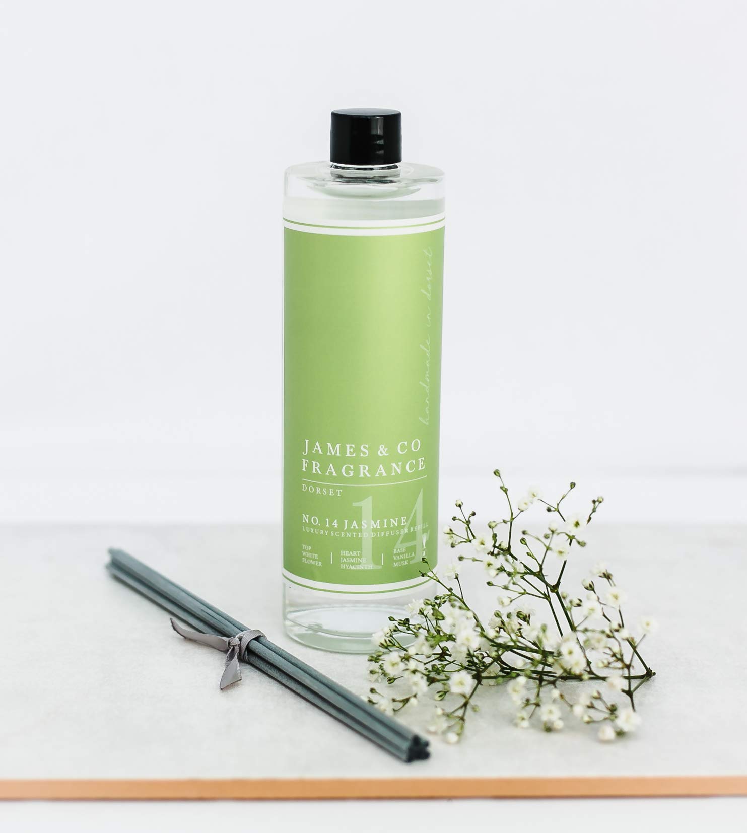 James & Co No.14 Jasmine (Jasmine & White Lily) 200ml Reed Diffuser Refill Bottle with 6 Fibre Reeds
