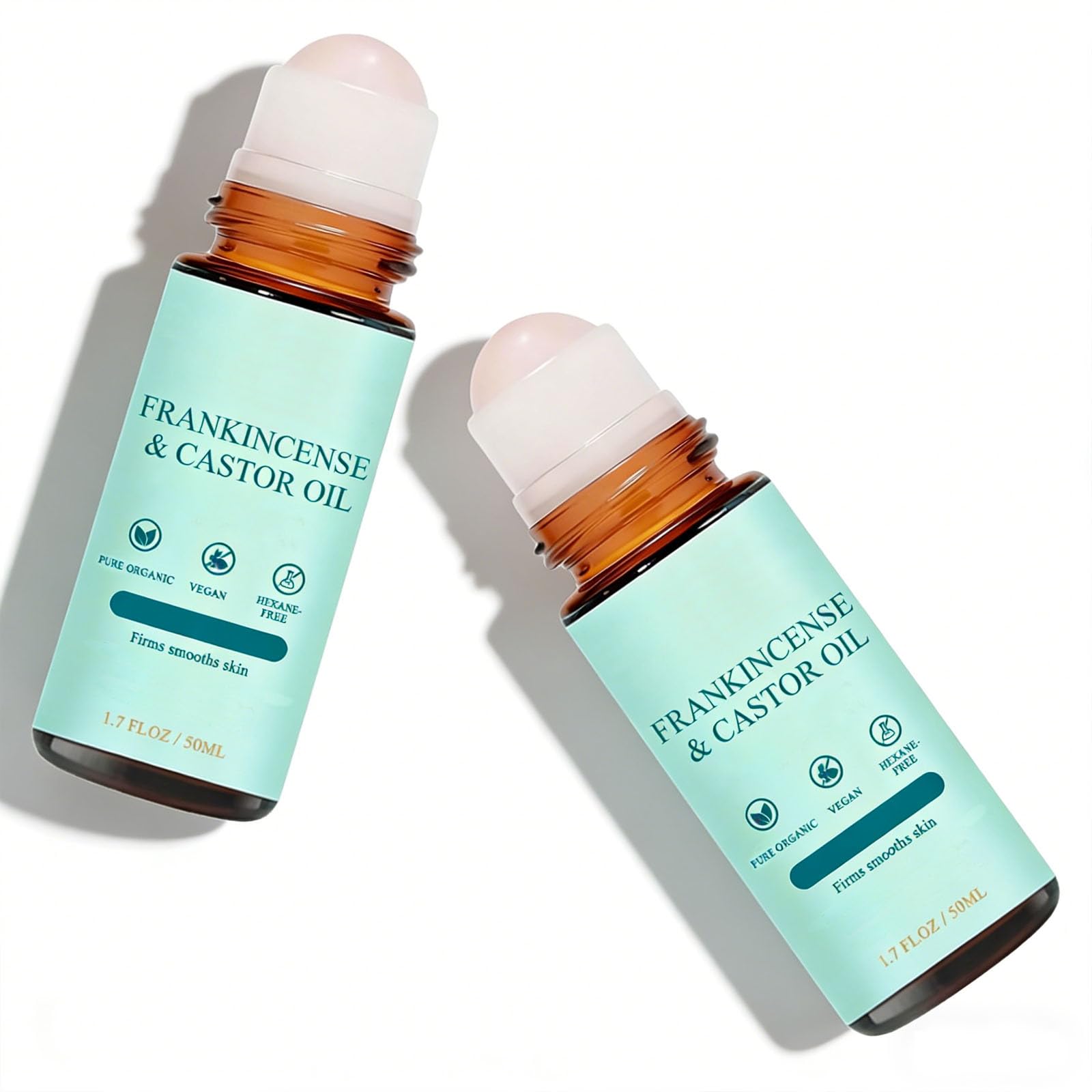 Photo 1 of 2PCS Frankincense and Castor Oil Roll On with Rose Quartz Roller - Organic Cold-Pressed Oil for Skin Care - Moisturizing Roll-On for Face & Neck - 50ML / 1.7OZ