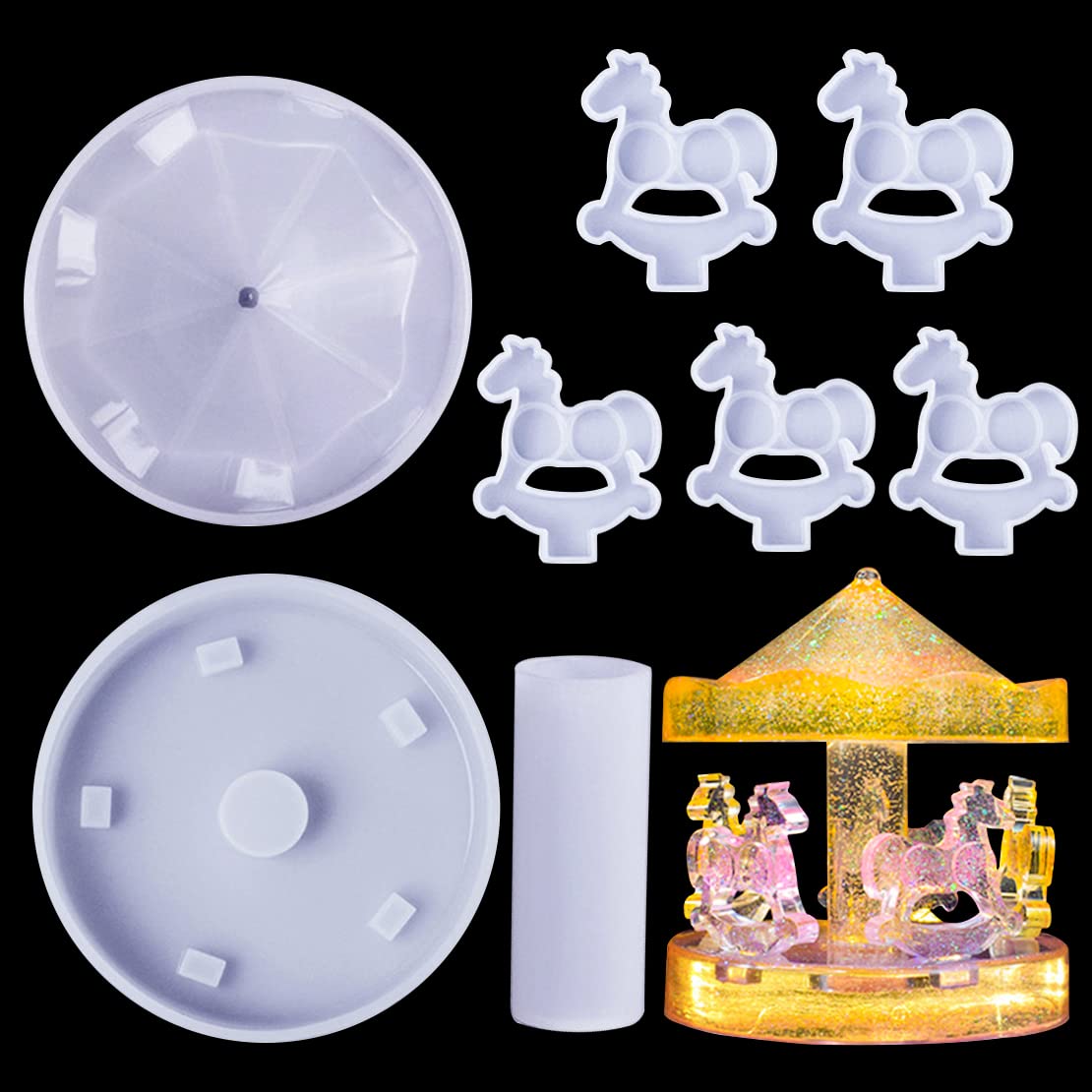 DeryArcle Carousel Horse Resin Moulds Merry Go Round Silicone Mould Carousel Epoxy Resin Casting Mold 3D Animal Horse Molds for Desktop Ornament Wedding Party Decoration (carousel horse mould)