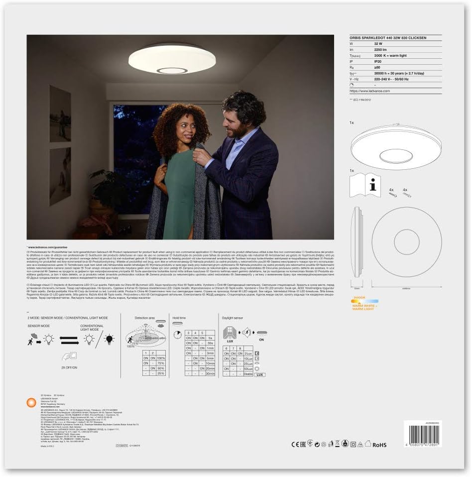 LEDVANCE LED Wall and Ceiling Luminaire in Glitter Optics with Motion Detector, Warm White (3000K) - Image 5