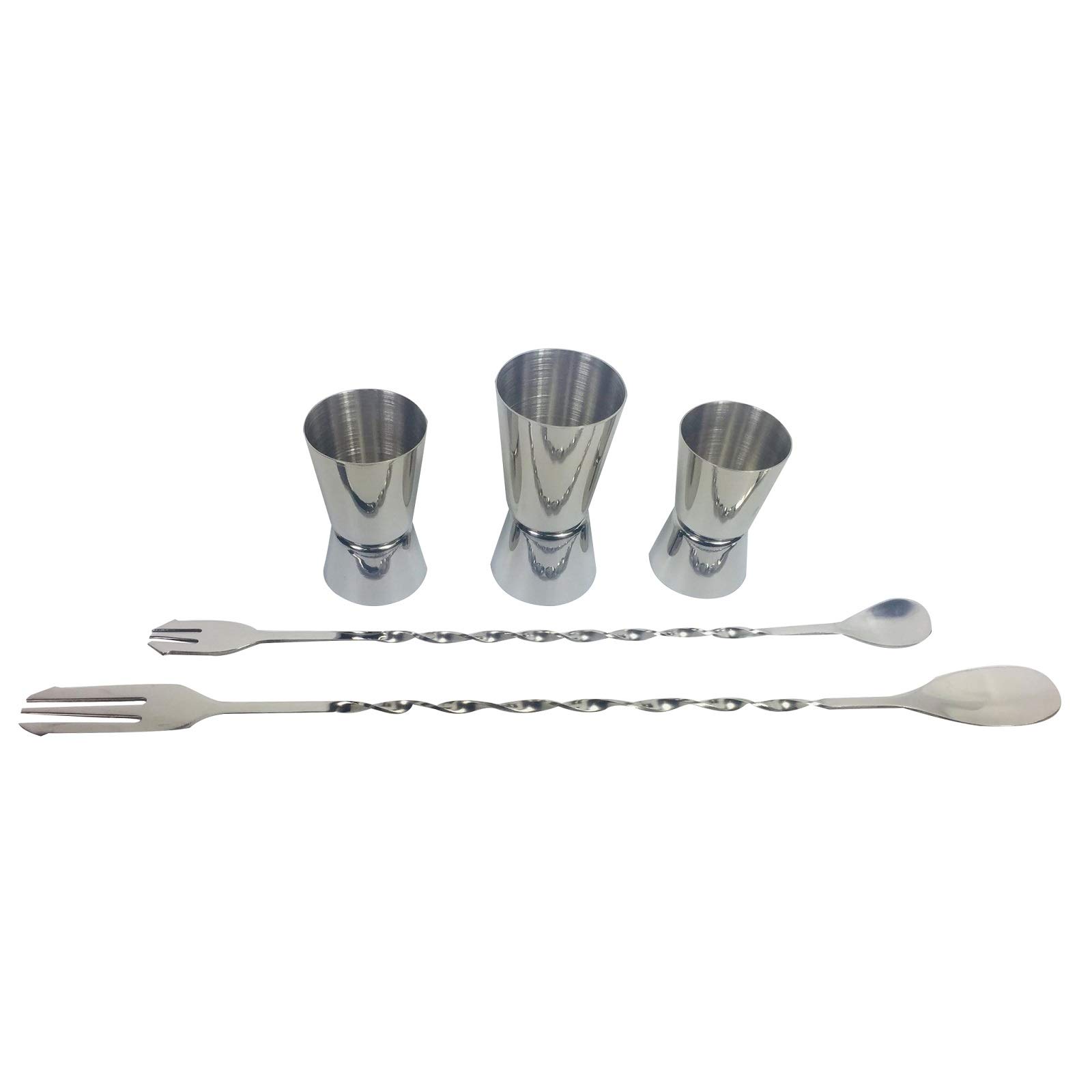 GOLDBEARUK Bar Tool Set 3 pcs Spirit Measuering Cups/Jiggers (20/30ml, 20/40ml 25/50ml) with 2 Cocktail Bar Spoons 23cm & 30cm