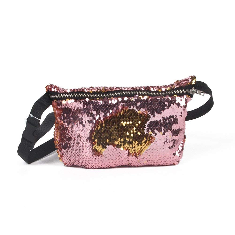 NUOLUX Double Color Sequins Waist Bag Casual Outdoor Sports Bag (Gold + Pink)