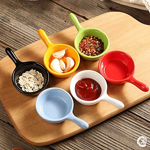 MonLiya 6 Pcs Ceramic Sauce Dishes Colorful Mini Bowl Set Ketchup Side Dish Tableware Condiment Relish Plate Seasoning Soy Sauce Dishes Stackable Ramekins with Grip Handle Dessert Bowls Set