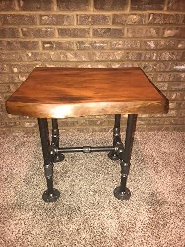 Industrial Pipe and Wood End Table Live Edge Rustic Living Room Furniture Handcrafted End Tables Vintage Side Tables Living Room End Tables (Honey Pine)