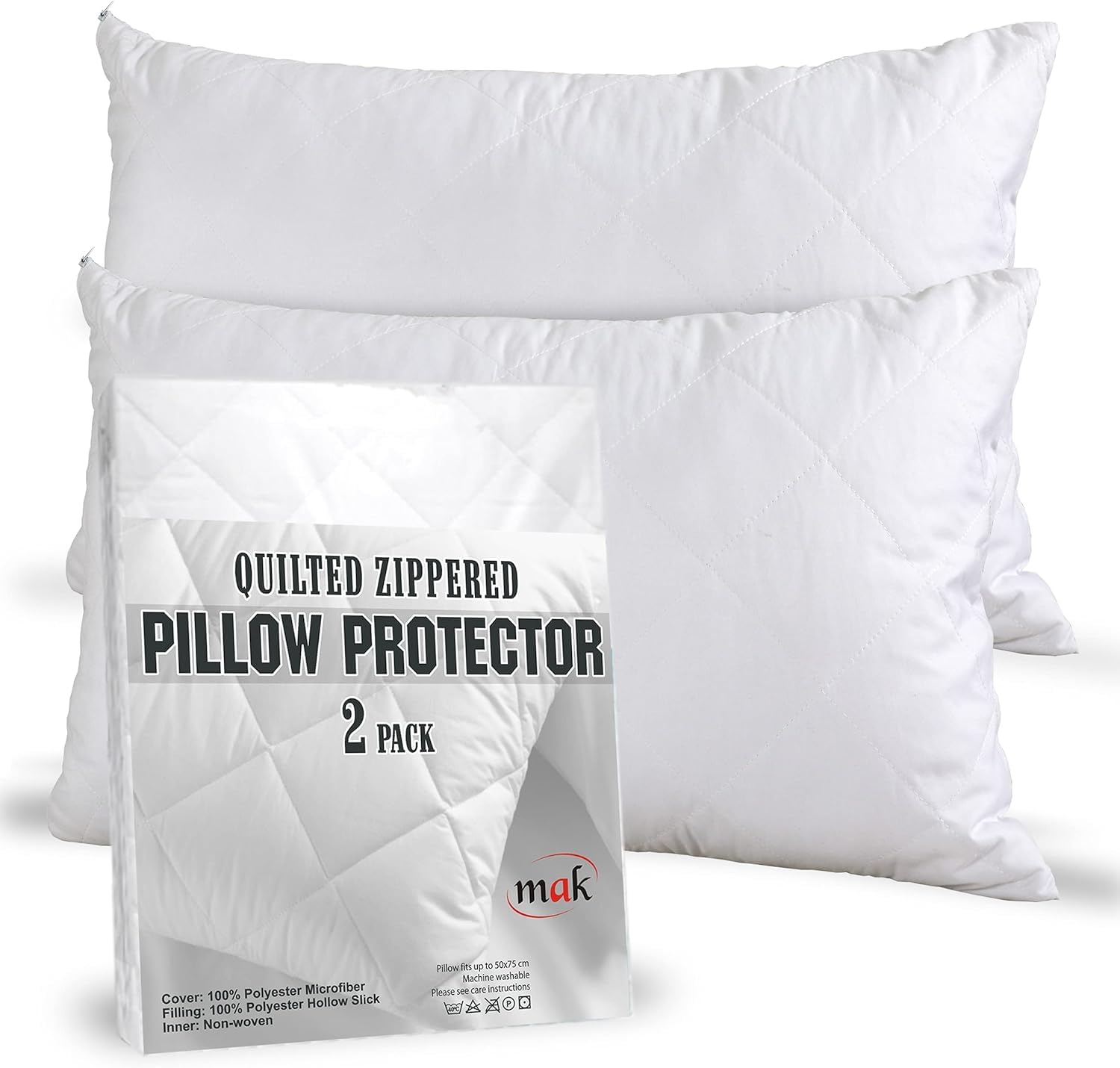 mak Pillow Protectors Pack Of 4 Quilted Pillow Cases Protector Zippered Enclosure White 75x50 cm (Quilted Pack of 2 | 50x75 cm)