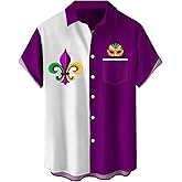 YBHUO Mens Mardi Gras Shirt Print Short Sleeve Hawaiian Bowling Casual Button Down Beach Shirts