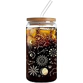 Fenmshairy Sun Moon Magic Eyes Astrolabe Drinking Glass Cup 16 Oz with Bamboo Lid and Straws, Iced Coffee Beer Cocktail Glass Tumbler, Holiday Christmas Birthday Gift for Dad Mom Sister Friends Bestie