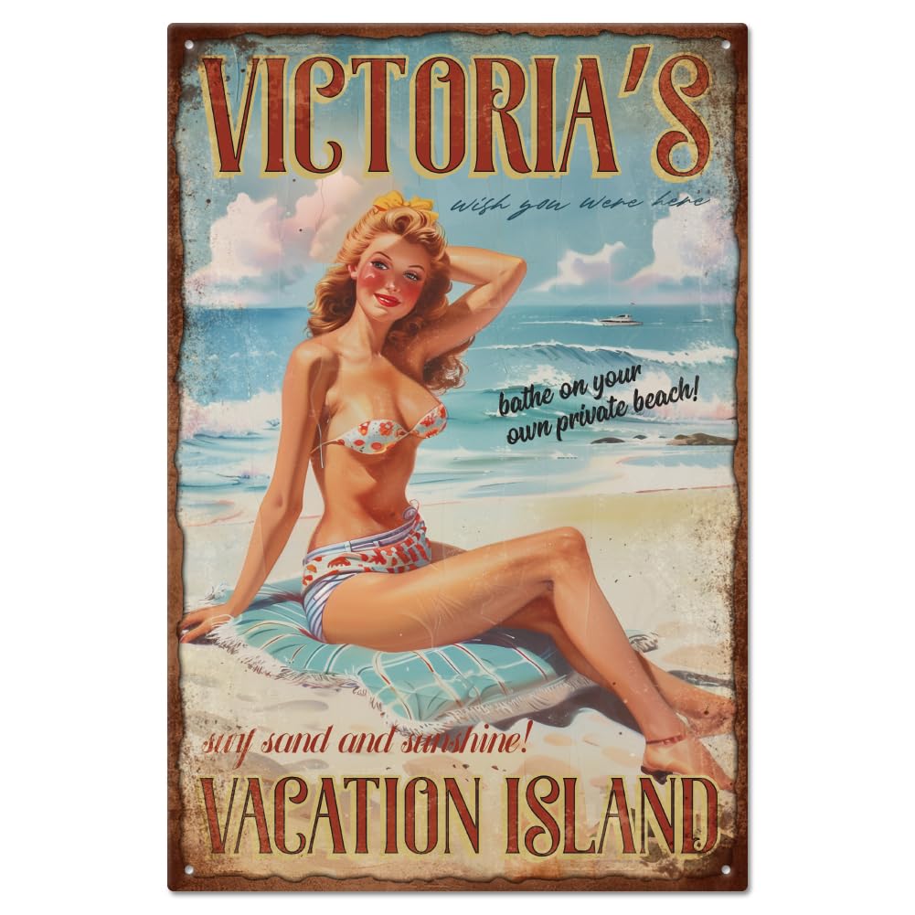 GLOBLELAND Vintage Pin Up Lady Metal Tin Sign 8×12inch Retro Beach Vacation Funny Tin Room Door Sign Cave Signs Art Plaque Poster Wall Decor for Home Bars Cafe Pubs Club Decoration