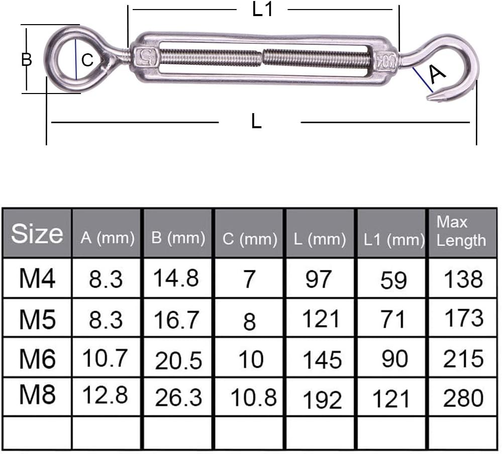 Houdao 5pc Turnbuckle Wire Tensioner M4 Stainless Steel Adjustable Hook and Eye Rope Cable