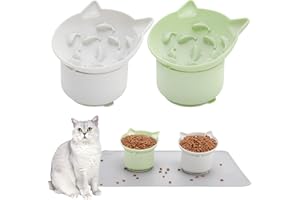 Guiqulai 2 Pack Gray, Green Slow Feeder for Cat Bowls, Silicone Tilted Raised Pet Bowl with Non Slip Base for Digestion Anti Vomit