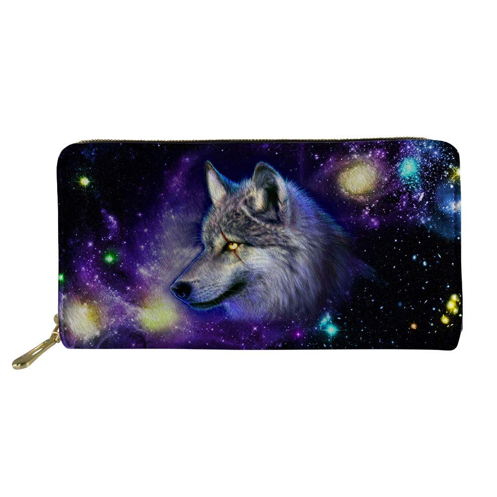 Coloranimal Unisex Women Men Long Wallet Galaxy Wolf Zipper Around Ladies Purse with Multiple Cards Slot Fashion Cell Phone Coin Shopper Travel Clutch PU Leather Money Bag Organizer