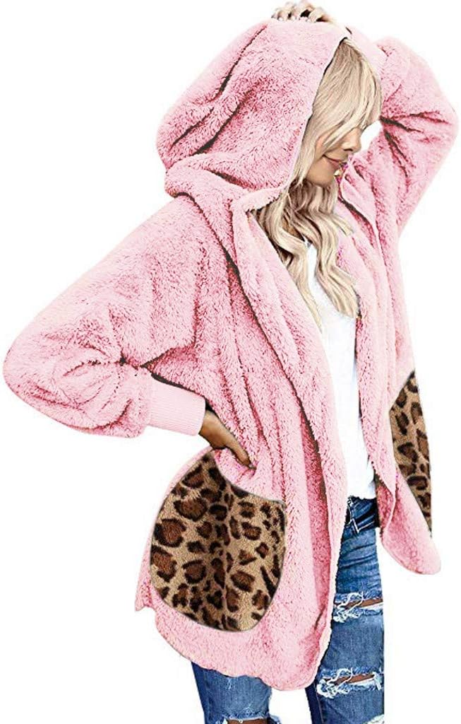 TwoCC Cardigan with Seams for Women, Leopard, Plus Size, Casual, Long Sleeve, Pocket, Jacket with Plush Hood