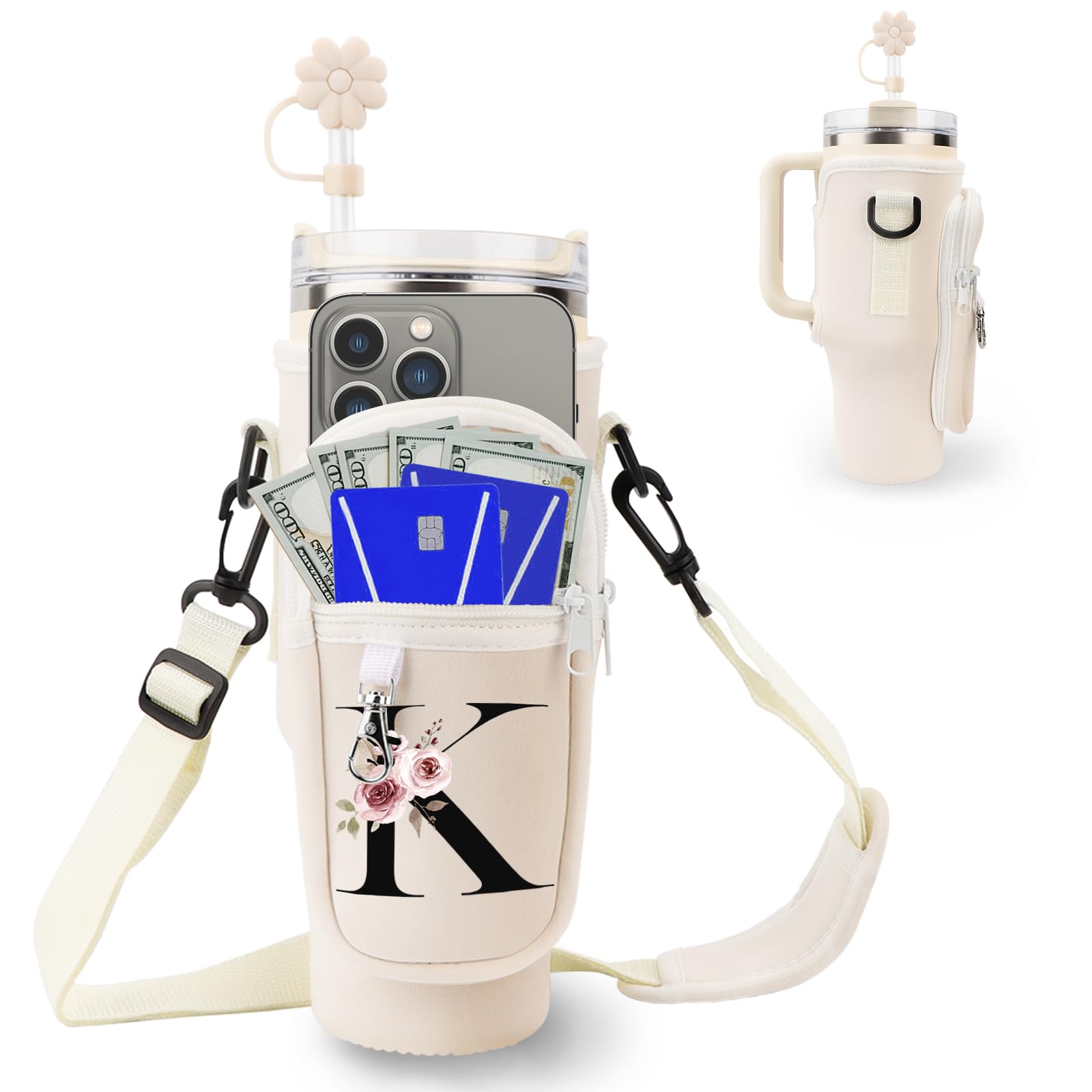 Initial Personalized Water Bottle Bag for Stanley 40oz Tumbler,with Phone Pocket,Neoprene Water Bottle Carrier with Adjustable Strap and Straw Cover & Carabiner,for Stanley Cup Accessories (K)