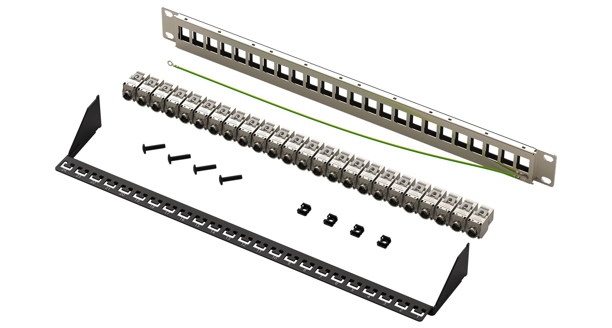 FGB 10Gbps 24 Port CAT7 Patchpanel mit 24x Cat7 Keystone Module Geschirmter, 19" Zoll Rackeinbau RJ45 LAN Netzwerk 600 MHz Verlegekabel für Gigabit-Netzwerk-Switch 6