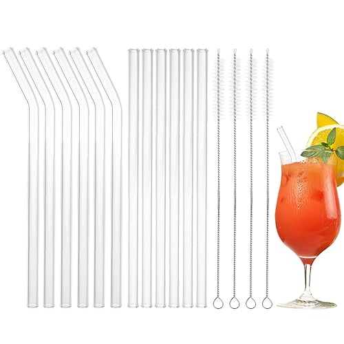 Aselected 12 Pcs Glass Straws, 21 x 10 cm Glasses Straw Reusable 6 Straight and 6 Curved, Clear Straws Glasses with 4 Cleaning Brush, Glass Drinking Straws for Bubble Tea Cocktail Juices Slush