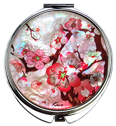 Pink-Makeup-Mirror-Mother-of-Pearl-Metal-Dual-Compact-Folding-Magnify-Apricot-Tree-Flowers-Design