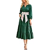 Women’s Cotton Maxi Dress Casual V Neck 3/4 Sleeve Flowy Tiered A Line Dress with Floral Belt