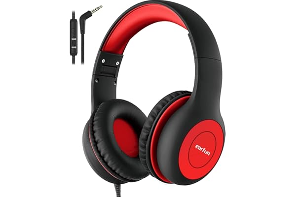EarFun Kids Headphones Wired with Microphone, 85/94dB Volume Limit Headphones for Kids, Portable Wired Headphones with Shareport, Stereo Sound Foldable Headset for School/Tablet/PC/Kindle, Black Red
