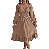 Plus Size Dresses Long Lantern Sleeve Square Neck Tie Backless Sexy Ruffle Elastic Waist A-Line Midi Dress