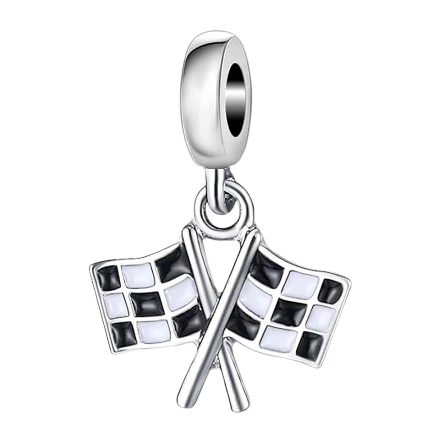 925 Sterling Silver Dangling Black and White Checkered Flags Birthday Charm Charms for Pandora Bracelet